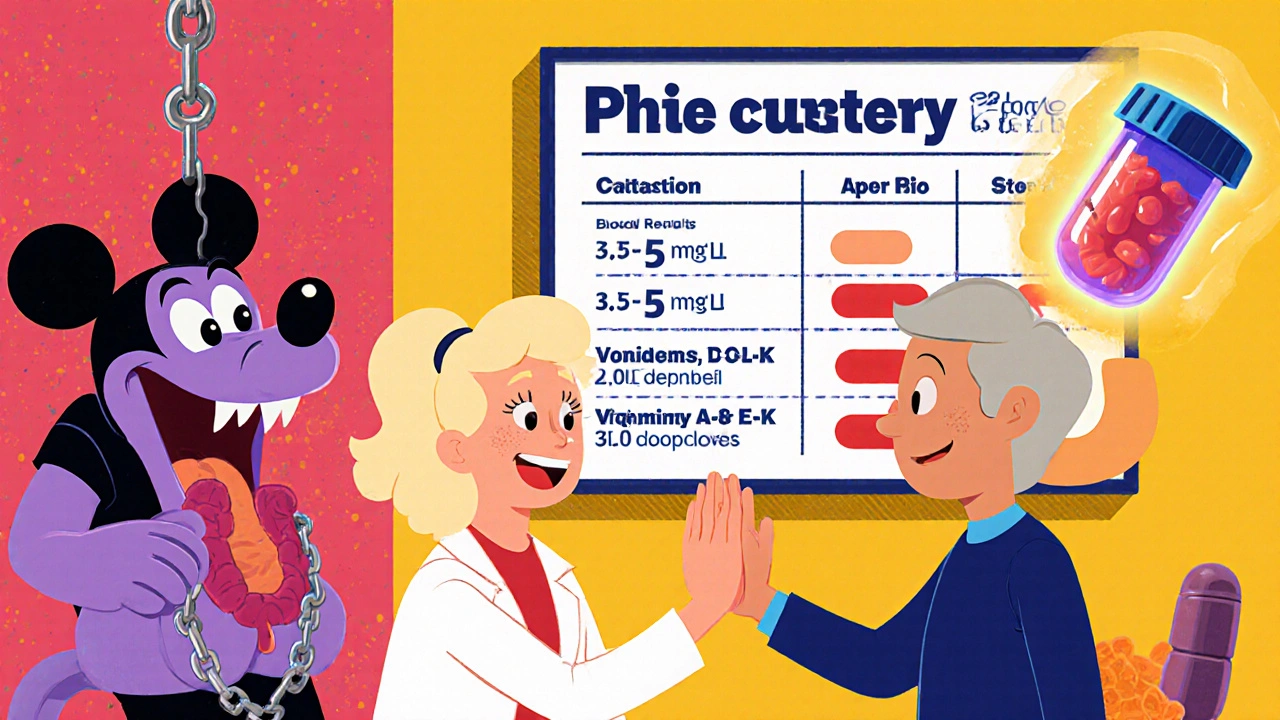 A doctor and patient celebrate stable phosphorus levels, with a defeated constipation monster in Disney-style illustration.