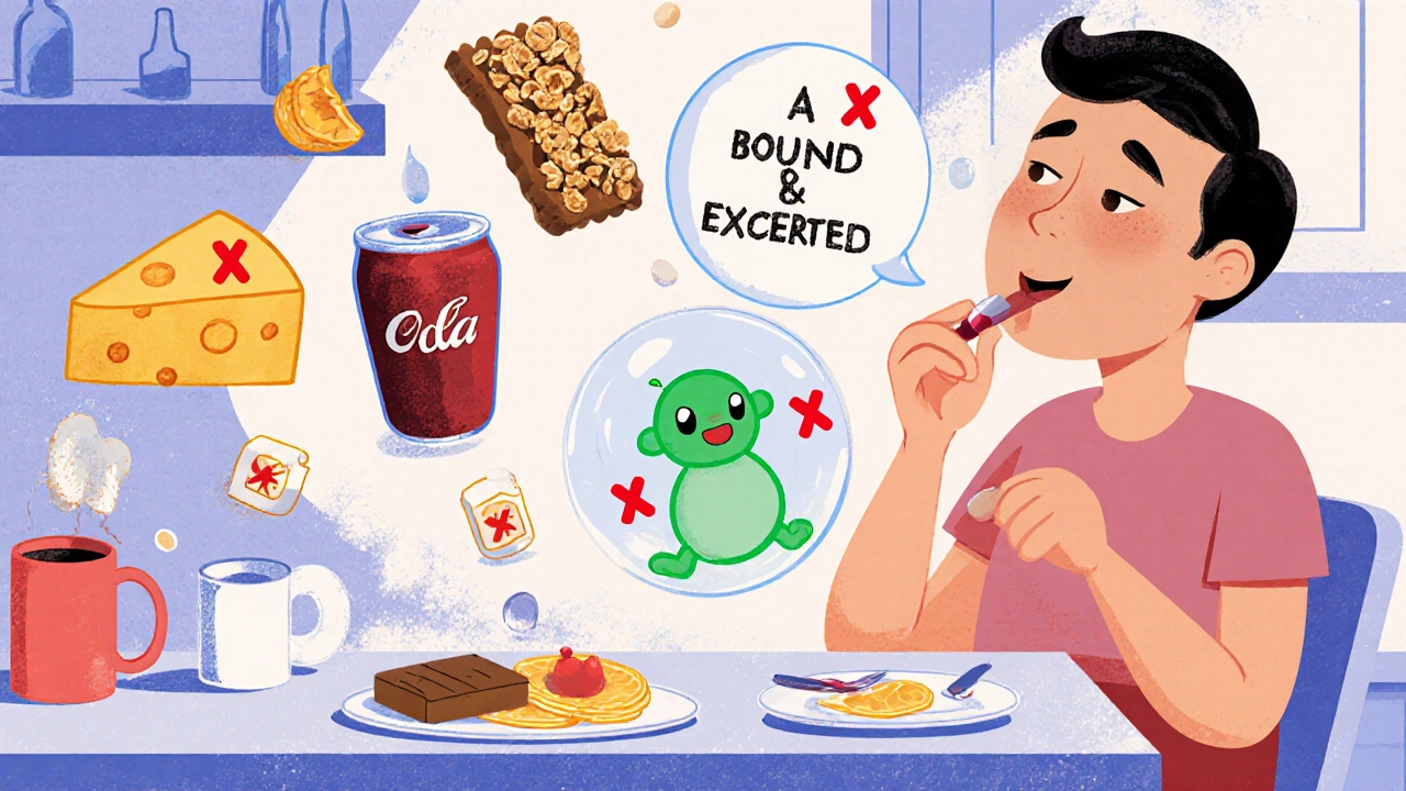A patient takes sevelamer tablets with breakfast while phosphorus is bound and excreted, shown in whimsical Disney art.