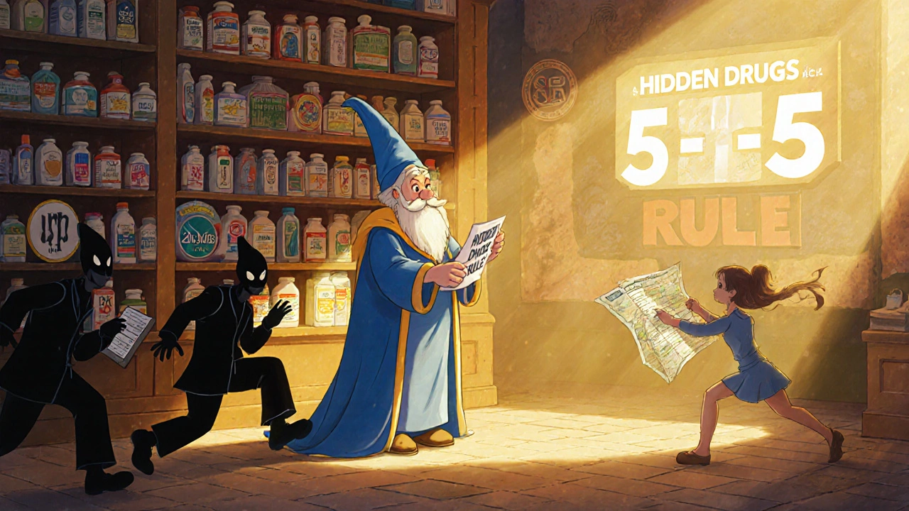 A pharmacist protects safe supplements while hidden drugs flee from light, in a Disney-style storybook scene.