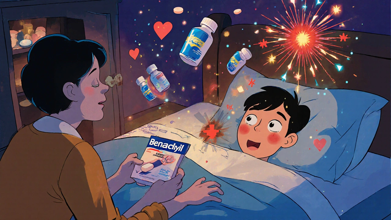 A teen experiencing side effects from too many Benadryl pills, with surreal hallucinations in the air.