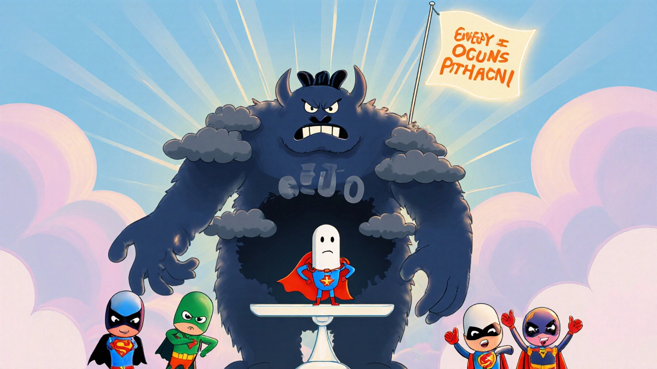 A tiny statin pill superhero fighting a shadowy nocebo monster, other statins cheering nearby.