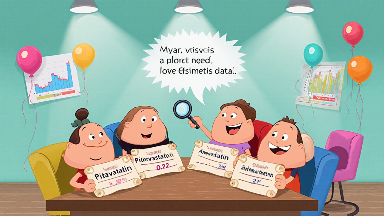 Animated statin characters showing hazard ratios at a friendly conference table.