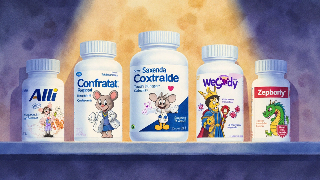 Anthropomorphic weight loss medications on a pharmacy shelf, each with unique friendly characters in Disney style.