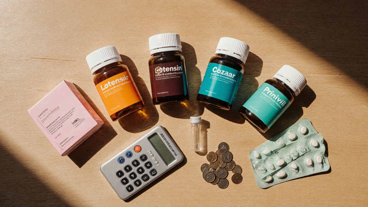Assorted pill bottles and medical items arranged on a wooden table suggesting medication comparison.