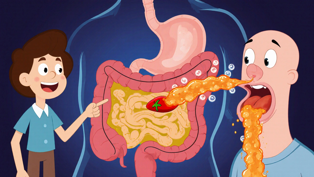 Cartoon cutaway showing stomach acid surging and LES relaxed, acid moving up esophagus.