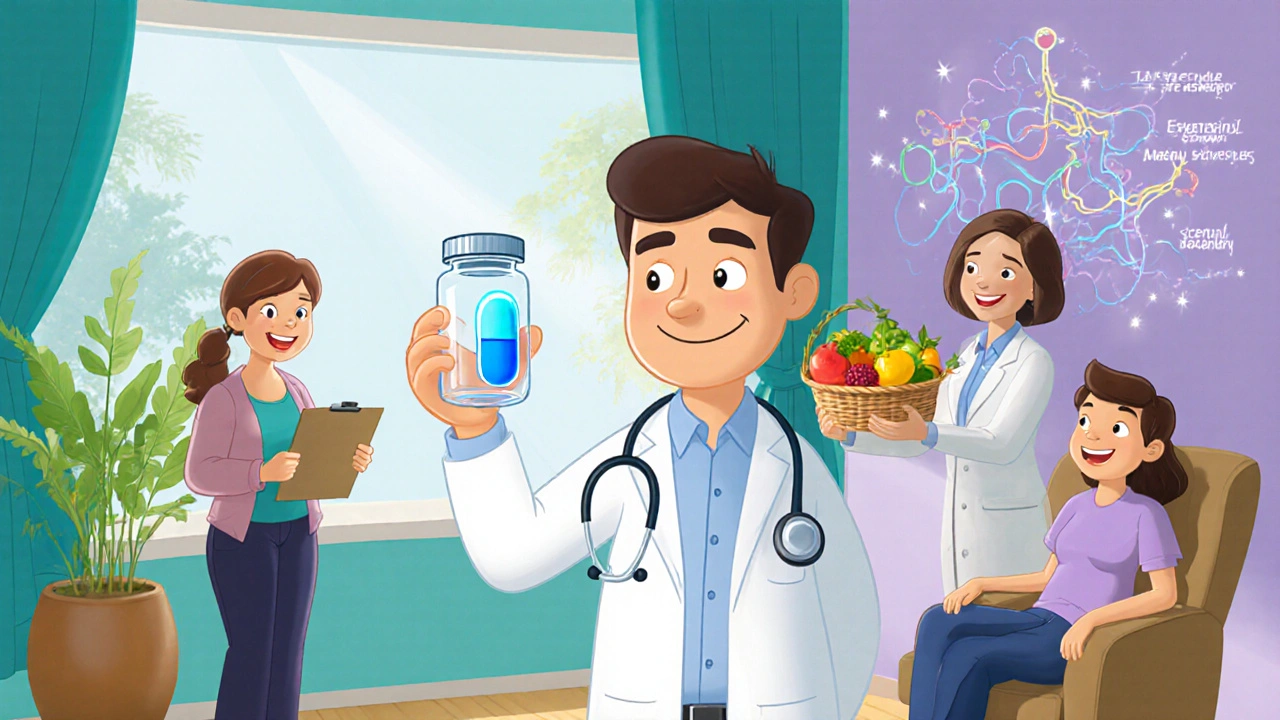 Cartoon doctor holding a pill bottle with a glowing capsule, supported by therapist and dietitian.