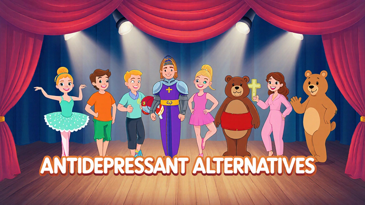Cartoon drug characters lined up, each representing a different antidepressant.