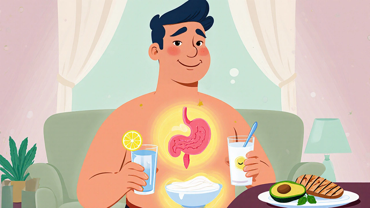 Character upright with water, baking soda, yogurt, looking relieved after spicy meal.