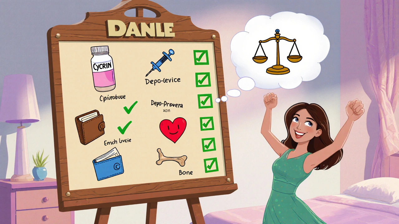 Checklist with icons for pill, injection, IUD, cost, side effects, and a woman feeling confident.