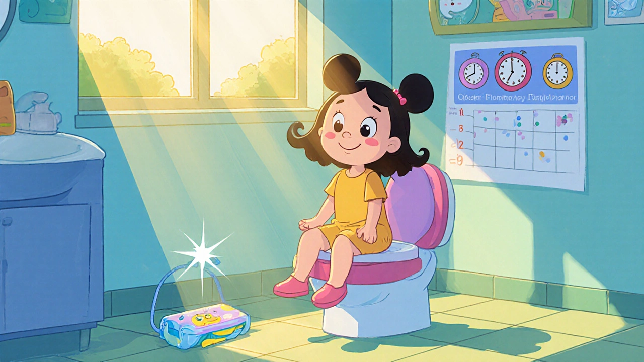 Child practicing clean intermittent catheterization with a timed toileting schedule.