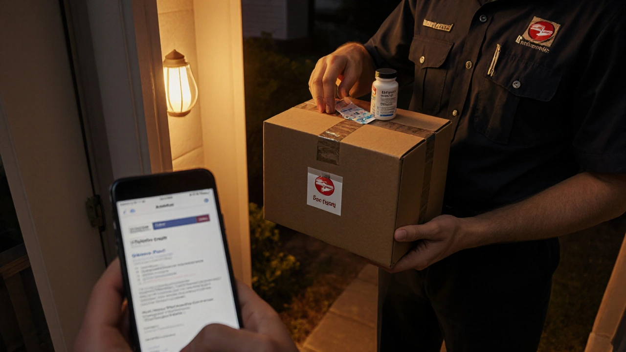 Delivery box on a doorstep being opened to reveal a bottle of generic Levitra tablets.