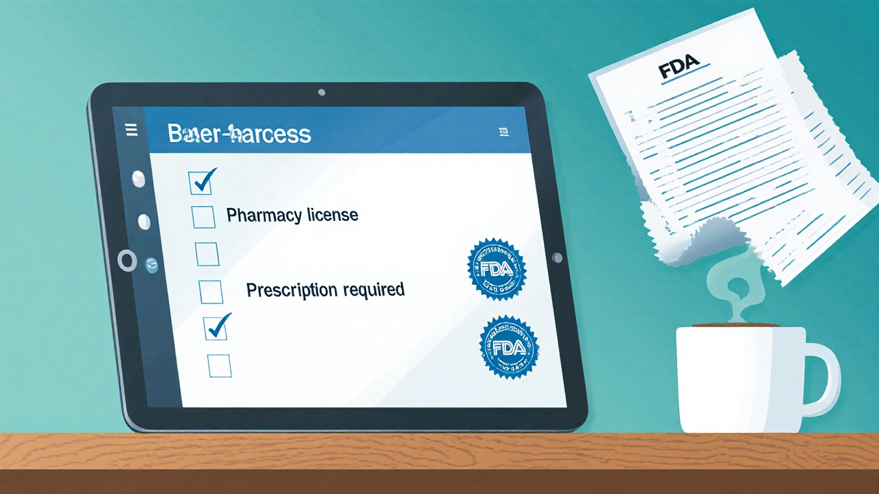 Desk with tablet showing a checklist and FDA seal next to a prescription slip.
