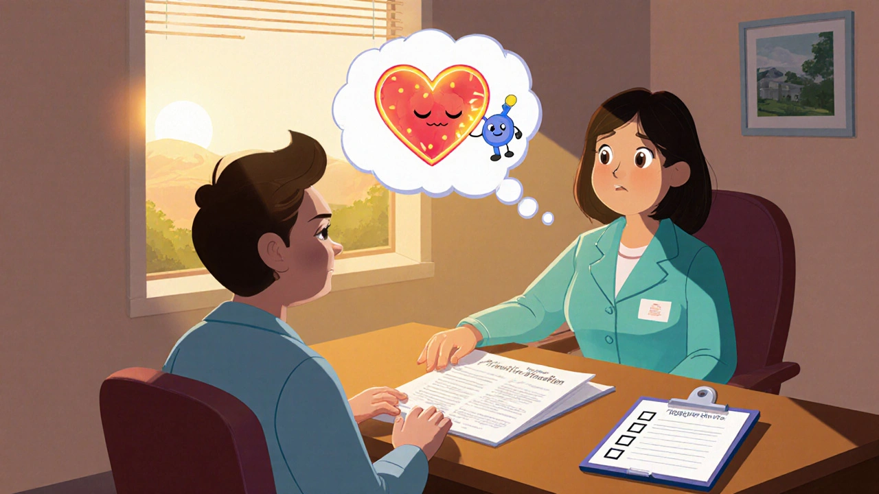 Doctor and patient discussing Pitavastatin in a warm office with heart and glucose icons.