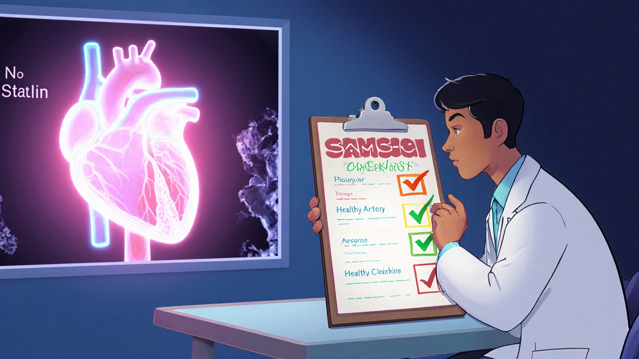 Doctor and patient reviewing a checklist with a healthy heart shining behind them, unhealthy artery fading.