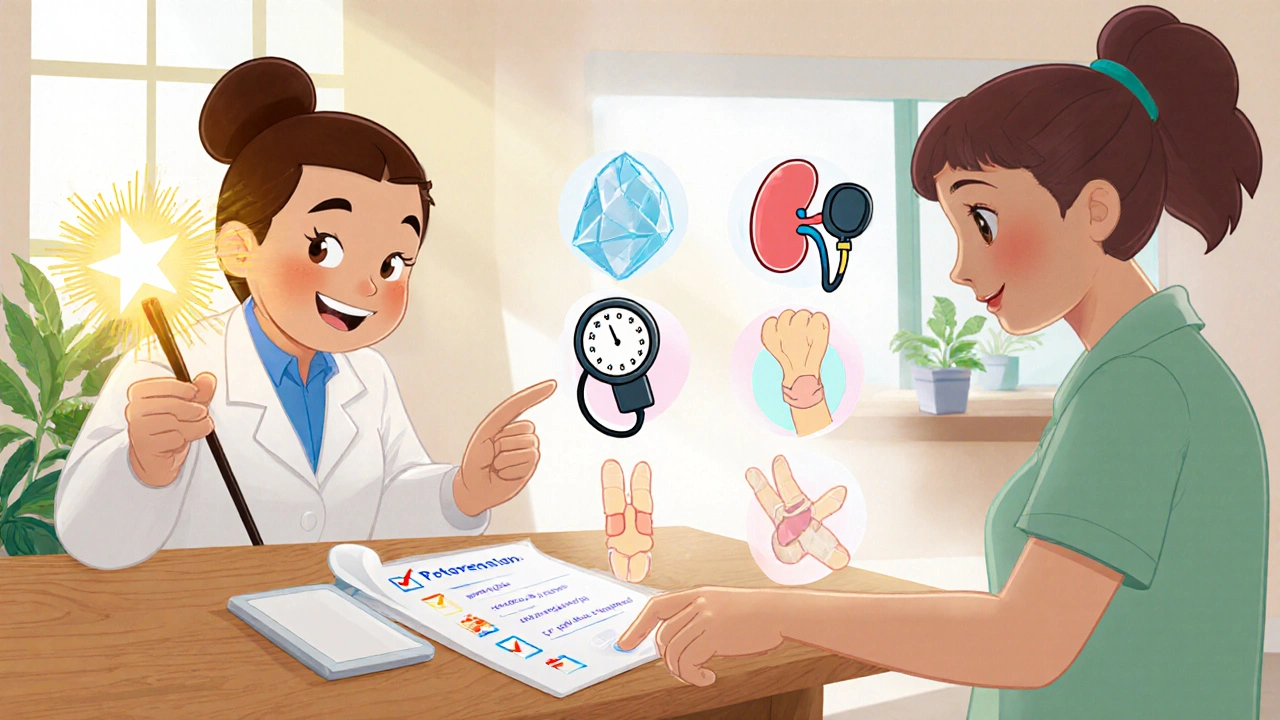 Doctor and patient reviewing a health checklist with icons for kidney, potassium, BP cuff, and joint.