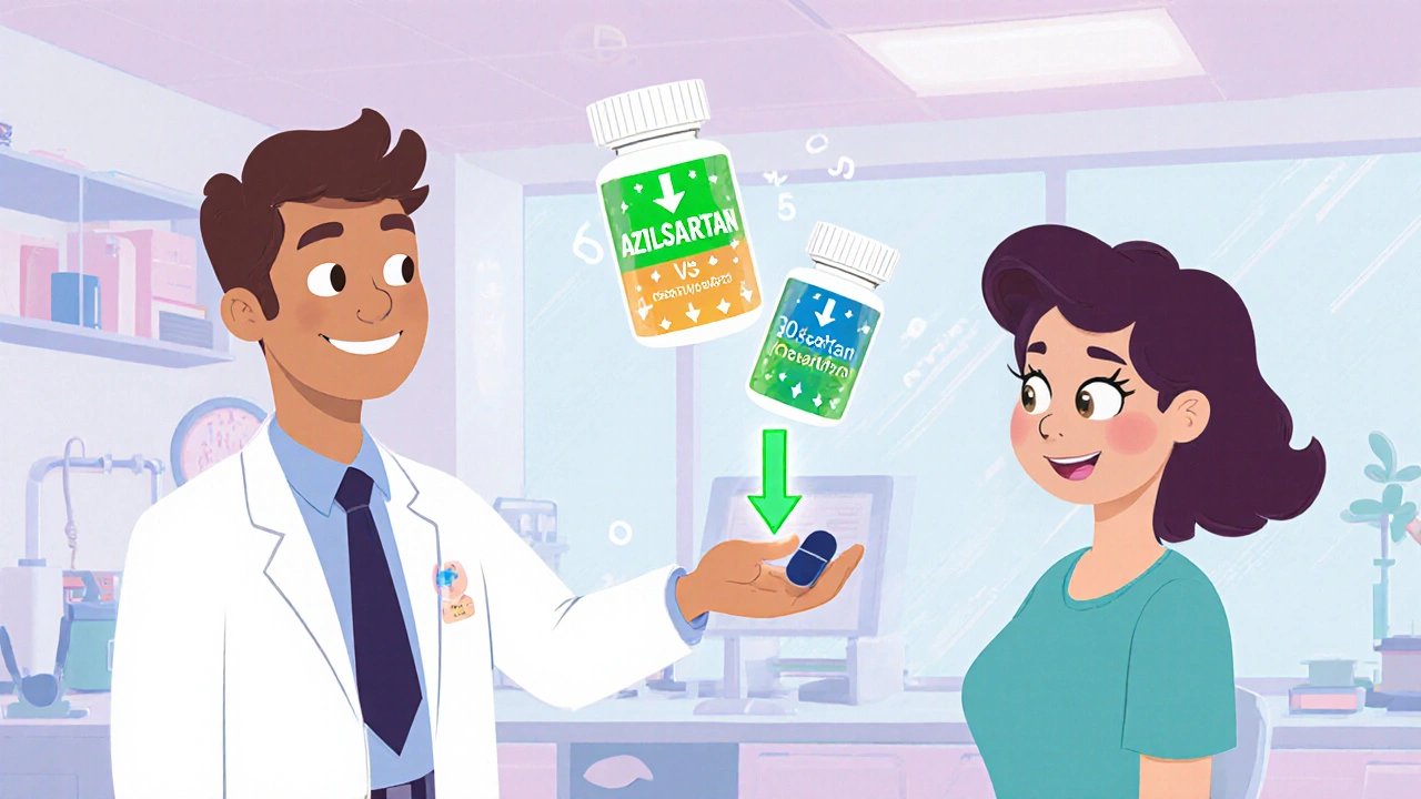 Doctor and patient with azilsartan and losartan pills, animated numbers illustrate blood pressure drop.