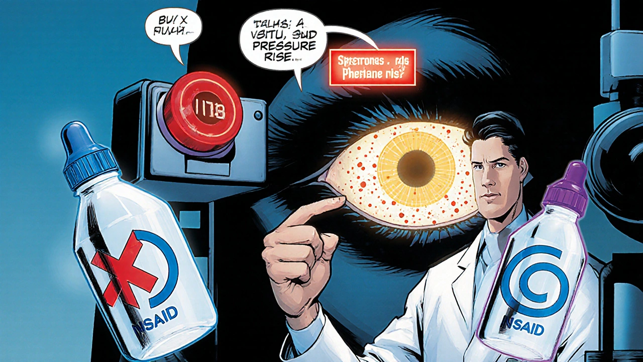 Doctor examining an eye with slit‑lamp, showing flare meter reading and two eye‑drop bottles.