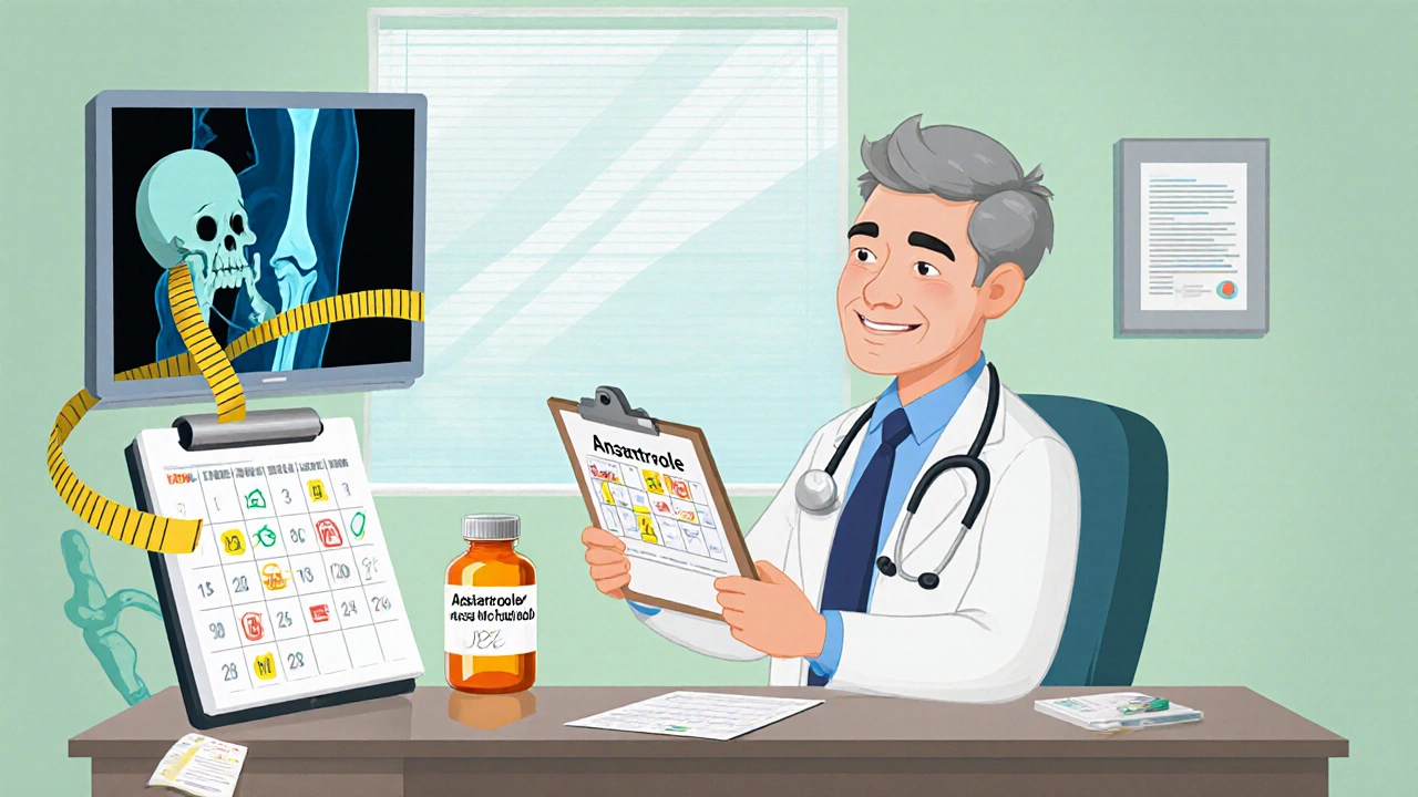 Doctor reviews labs with patient; calendar, pill bottle, and bone scan illustrate monitoring.