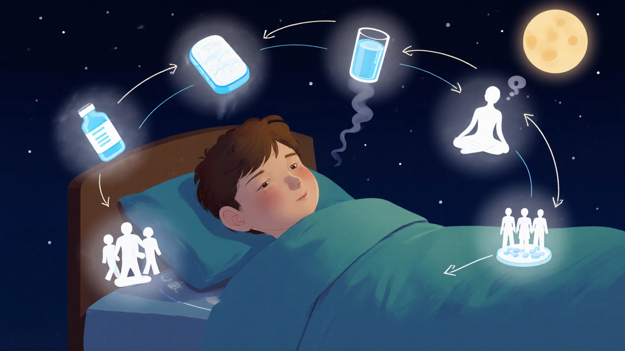 Dreamy night scene with floating icons of a child&#039;s arthritis management checklist.