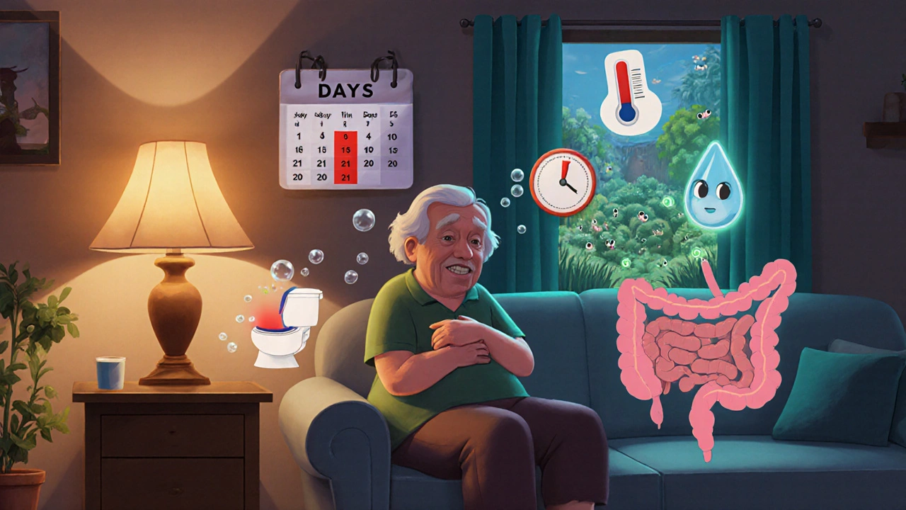 Elderly person with stomach pain, calendar, and symptom icons indicating CDI risk.