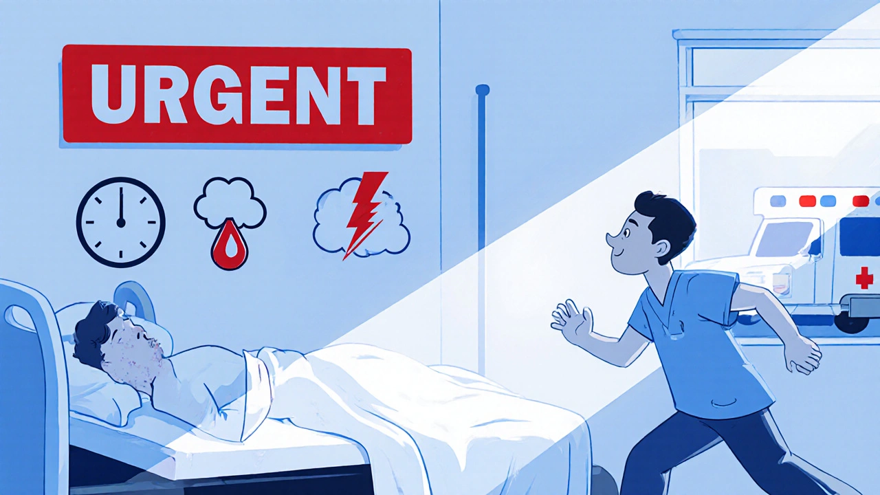 Emergency room with doctor attending a patient showing severe abdominal distension and warning icons.