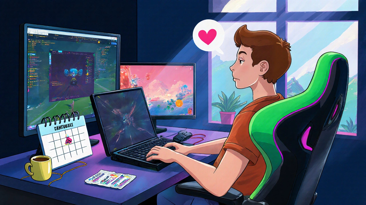 Gamer Liam at his desk with dapoxetine bottle, calendar and heart icon indicating confidence.