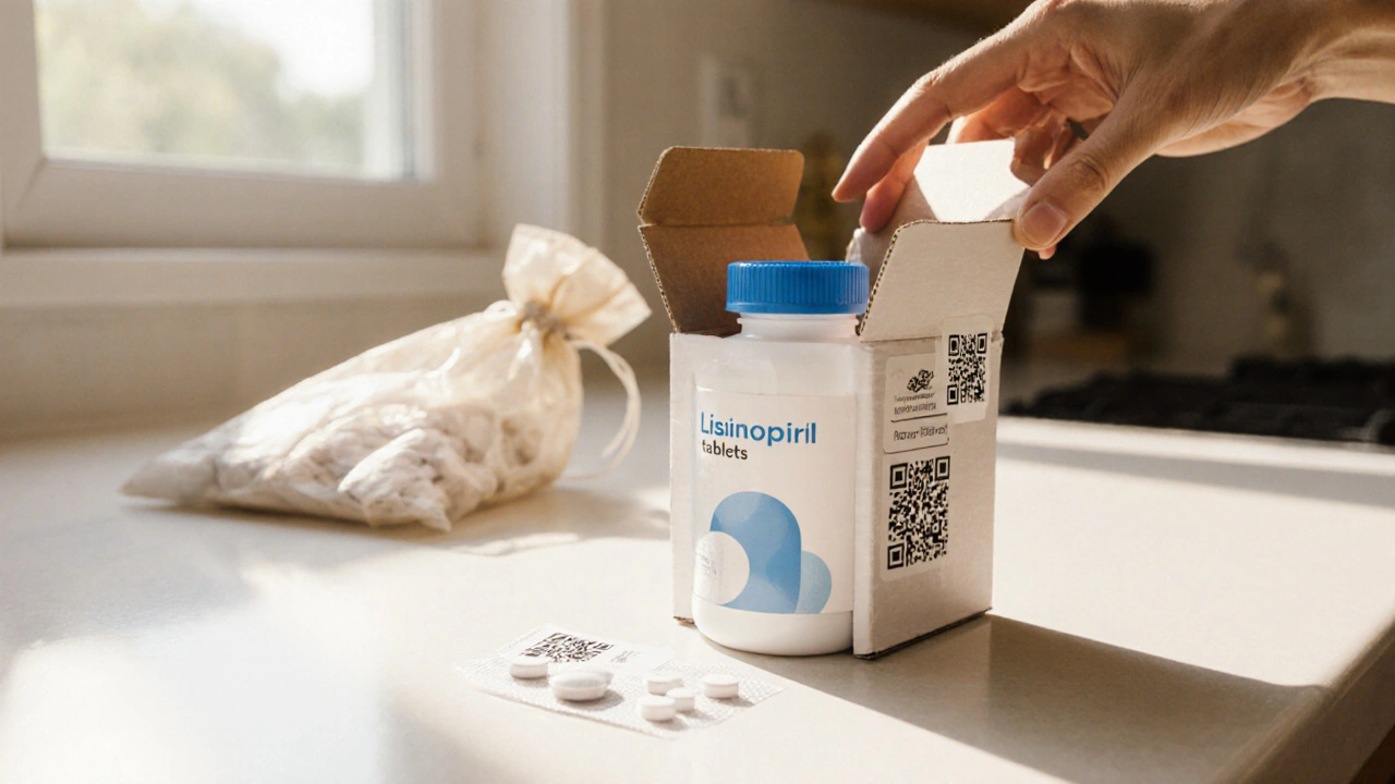 Hand opening a delivery box revealing a bottle of lisinopril tablets.