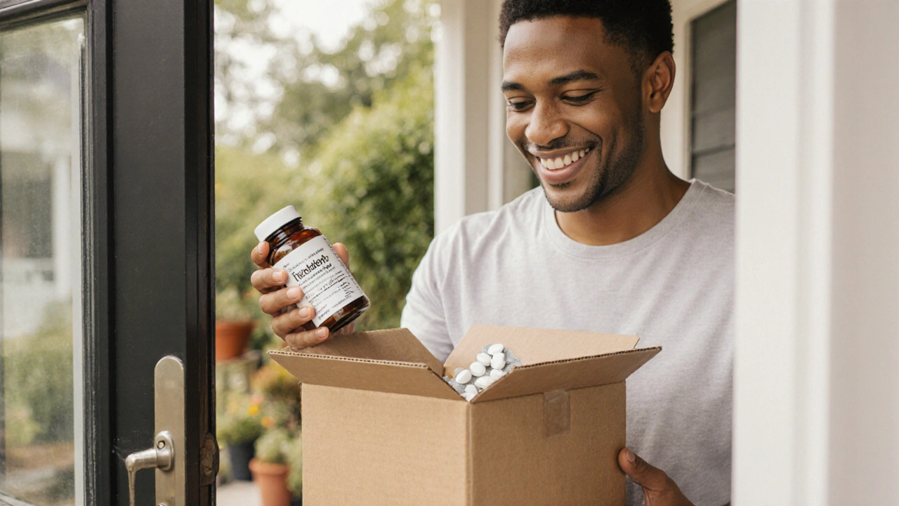Happy adult opening a delivery box containing a bottle of generic Nexium pills.