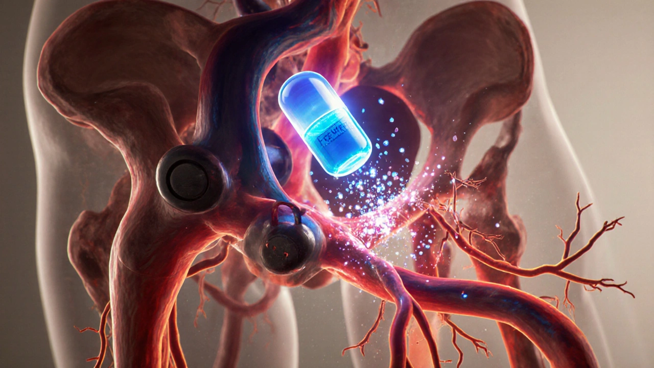 Illustration of penile arteries dilating as Levitra unlocks PDE‑5 enzymes.