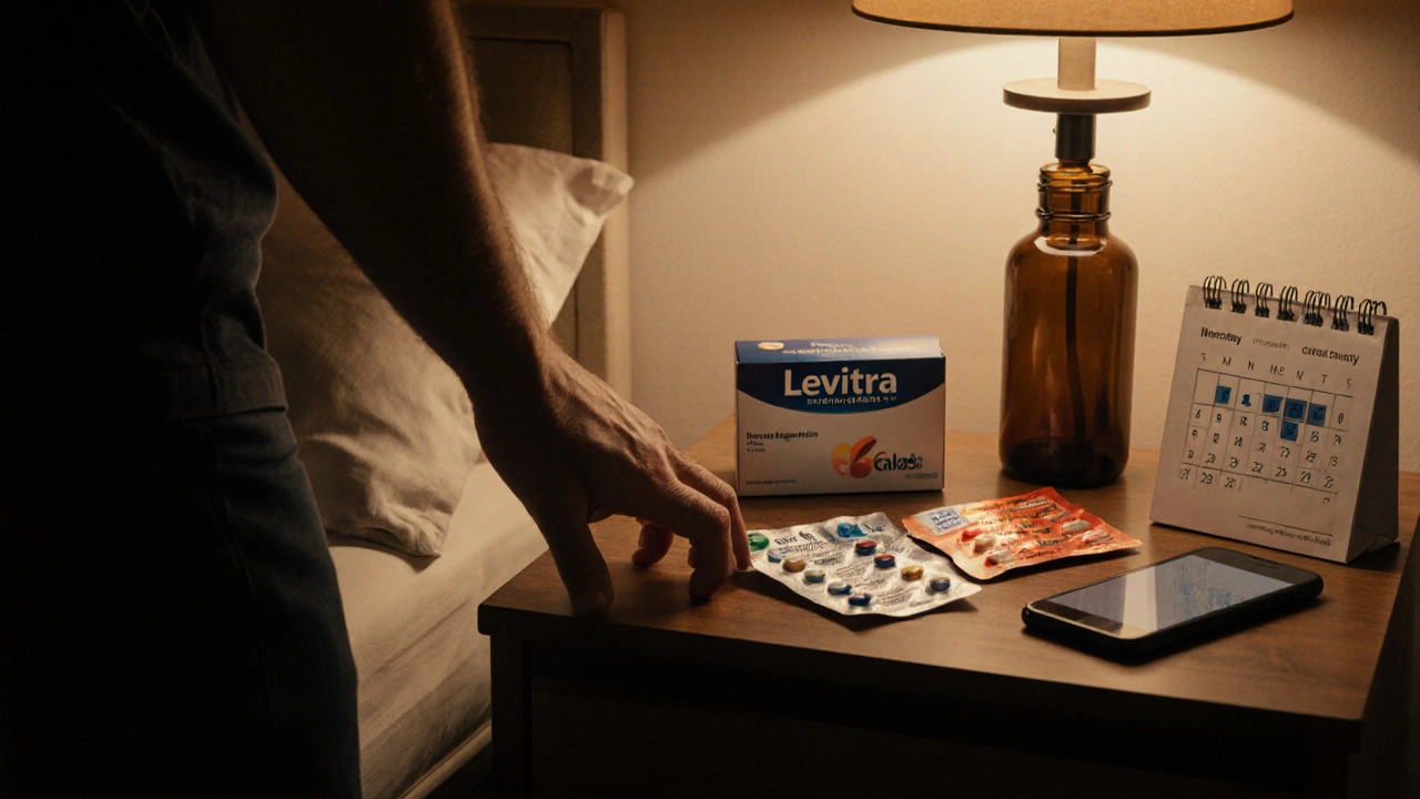 Man at nightstand choosing between different ED medication packs under warm lamp.