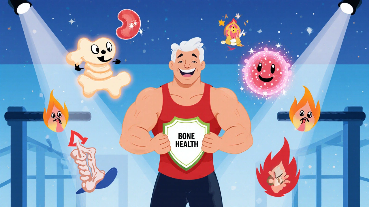 Man lifts weights while symbols of muscle, bone, metabolism, hot flashes, and joint pain float around.