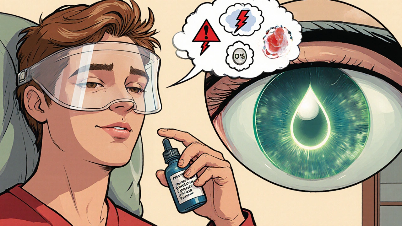 Patient applying steroid eye drops at home, wearing shield, with warning symbols and implant illustration.
