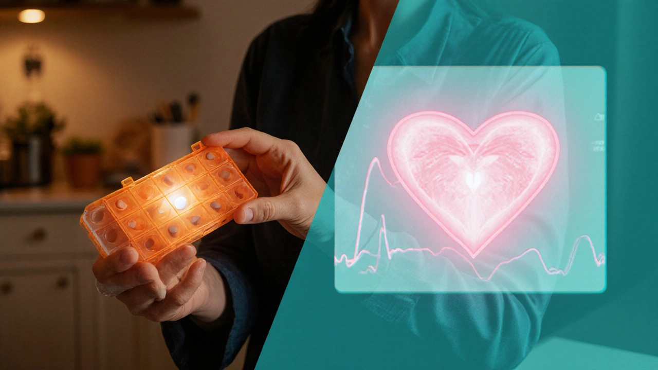 Patient holding weekly pill organizer while a heart echo image glows nearby.