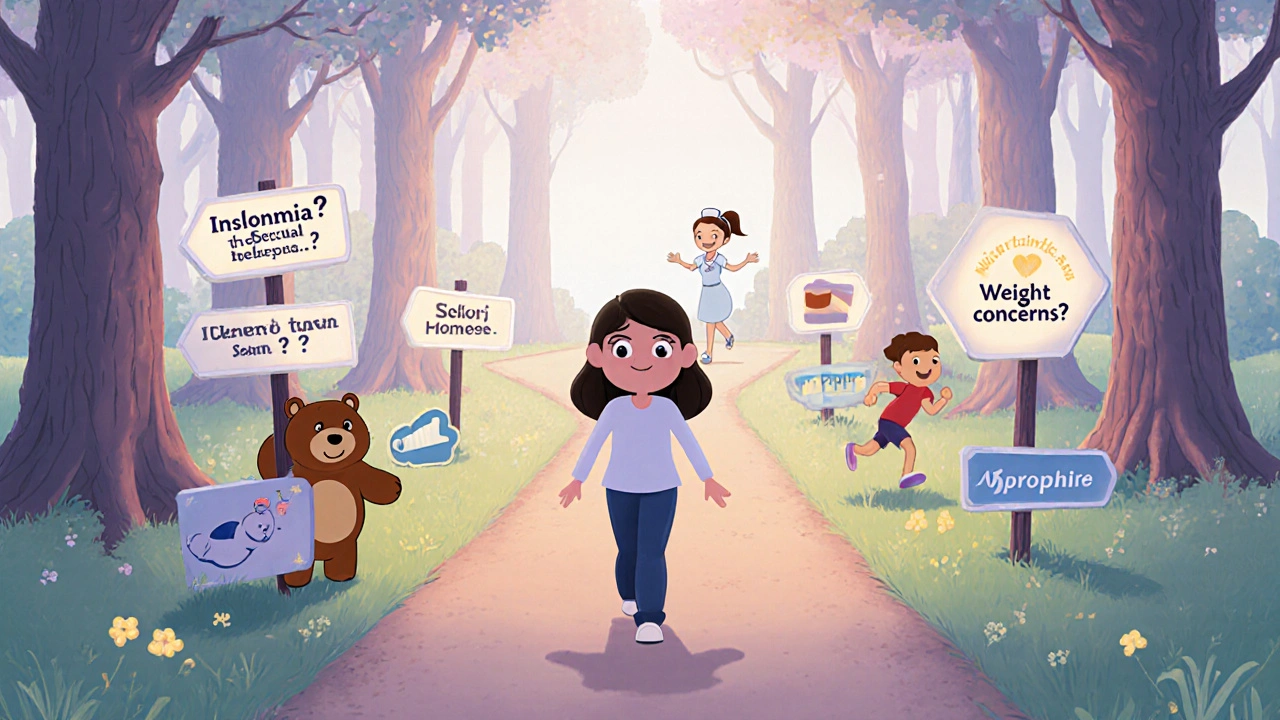 Patient on a forest path with signposts and drug characters guiding choices.