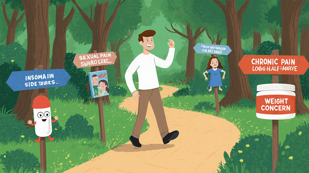 Patient walking down a whimsical forest path with signposts for insomnia, sexual side effects, chronic pain, long half-life, and weight concerns, each with a matching drug character offering help.