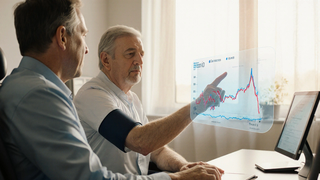 Patient with blood‑pressure cuff and doctor reviewing a holographic chart in a bright office.