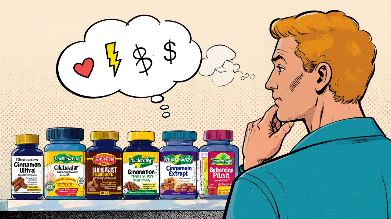 Person choosing among supplement bottles on a shelf, with icons for safety, cost, and potency above.