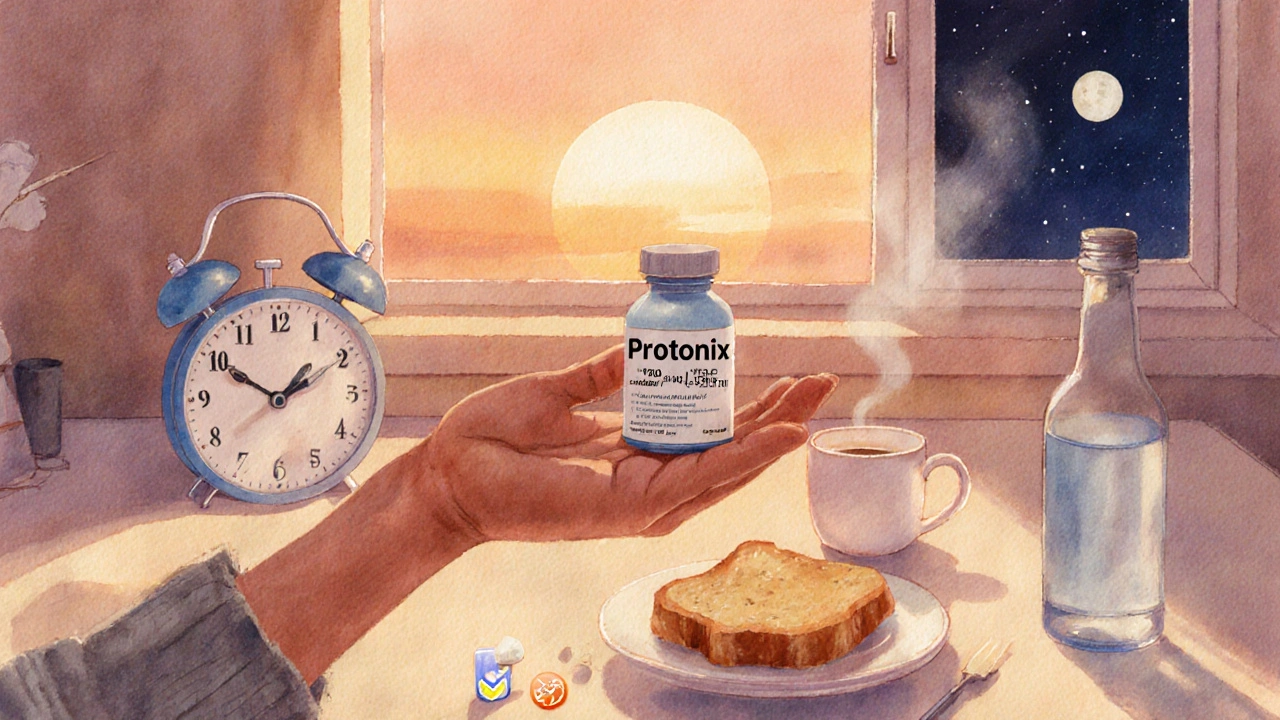 Person taking a Protonix tablet at sunrise kitchen table, indicating timing before breakfast.