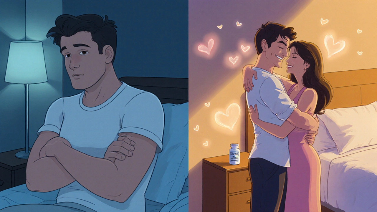 Split scene of Mark before and after dapoxetine, showing nervous to confident with partner.