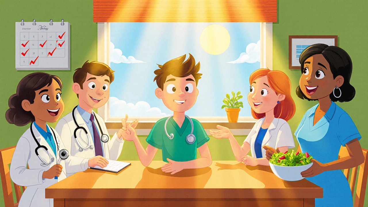 Supportive medical team around confident teen at a sunlit kitchen table, symbolizing recovery.