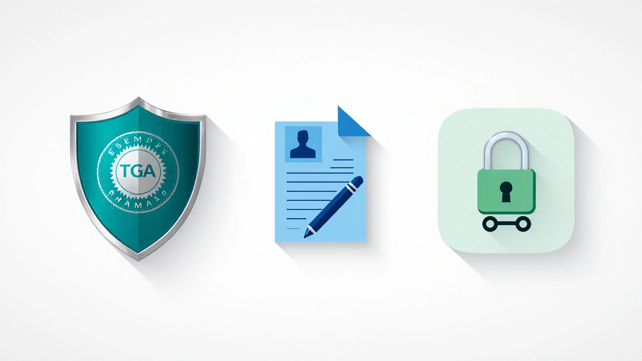 Three icons showing registration badge, prescription slip, and secure checkout.
