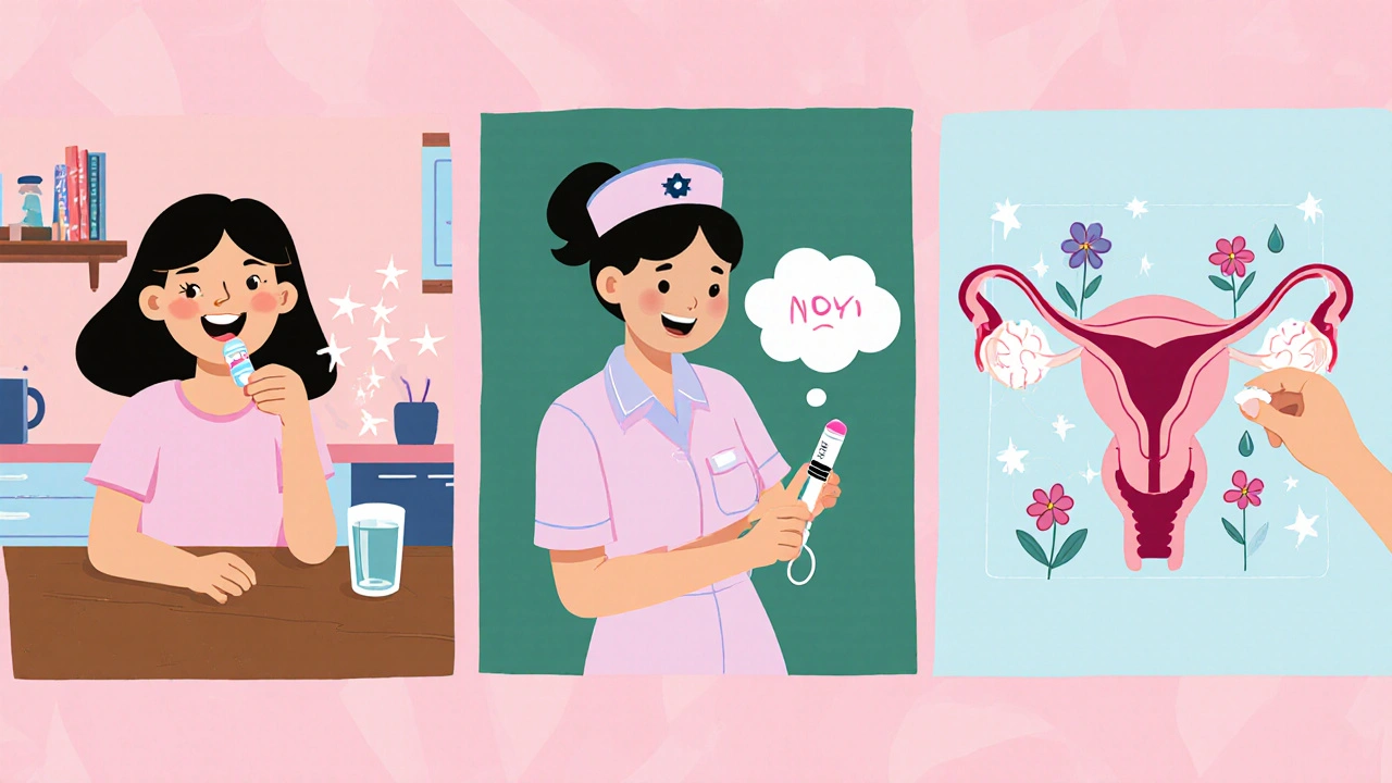 Three panels showing oral pill, injection, and IUD insertion with cartoon sparkles.