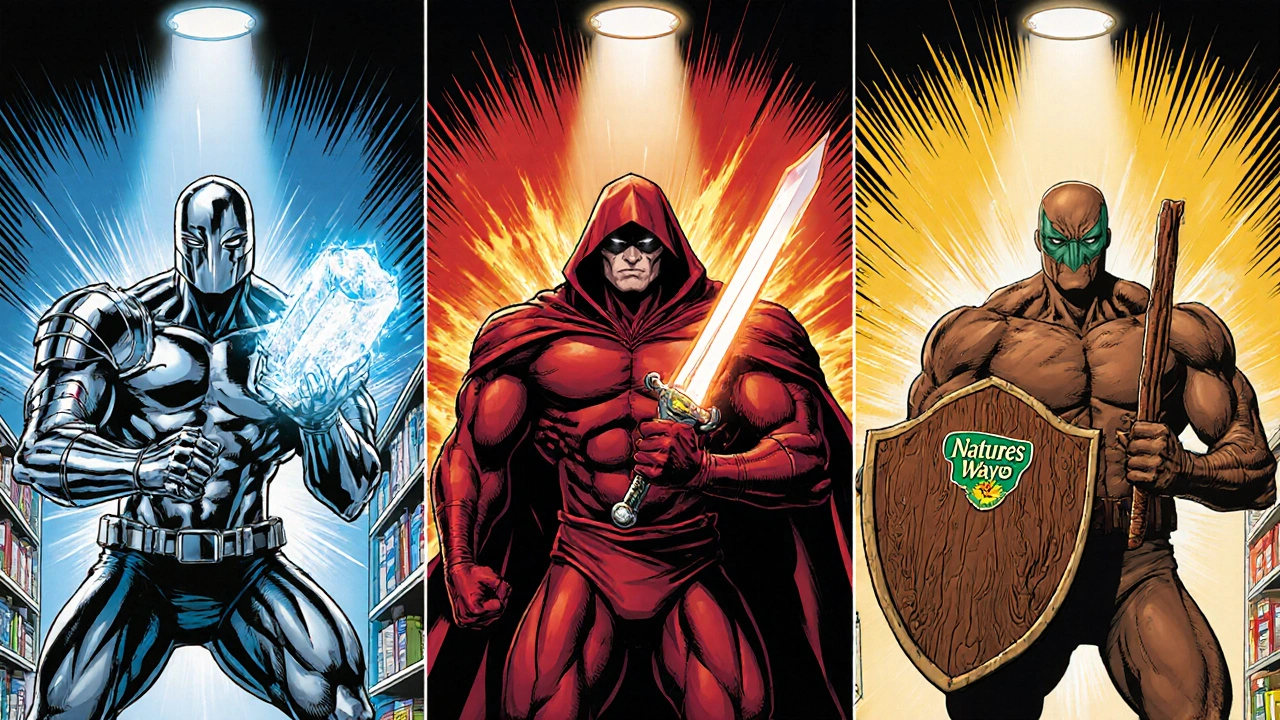Three supplement characters – GlucoTrust, Blood Sugar Ultra, Nature's Way – facing off in a comic showdown.