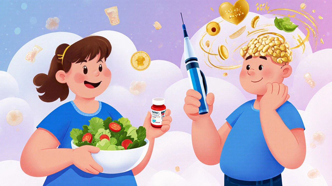 Two figures choosing weight loss methods: one with a pill and salad, another with an injection, in Disney style.