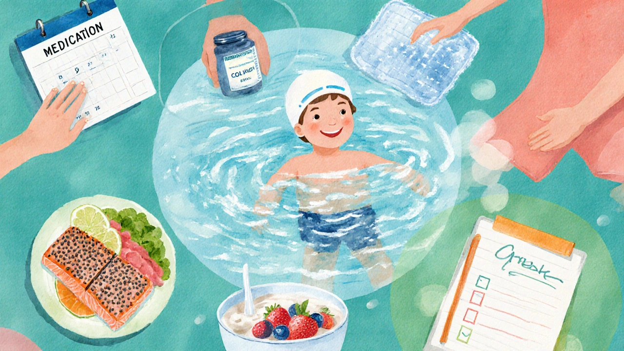 Watercolor collage of child swimming, therapist, medication, cold pack, and healthy foods.