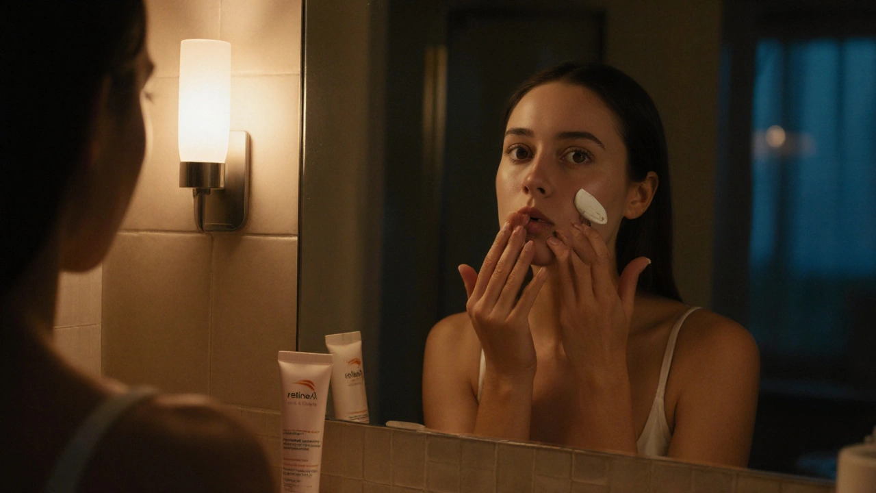 Woman applying a pea‑sized amount of night‑time retinoid, followed by moisturizer and sunscreen.
