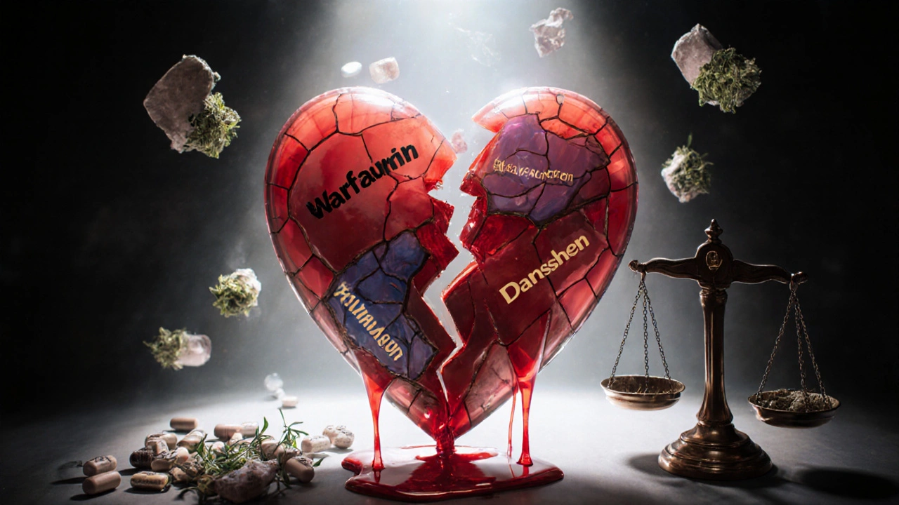 A cracked stained-glass heart leaking blood, labeled with medications and Danshen.