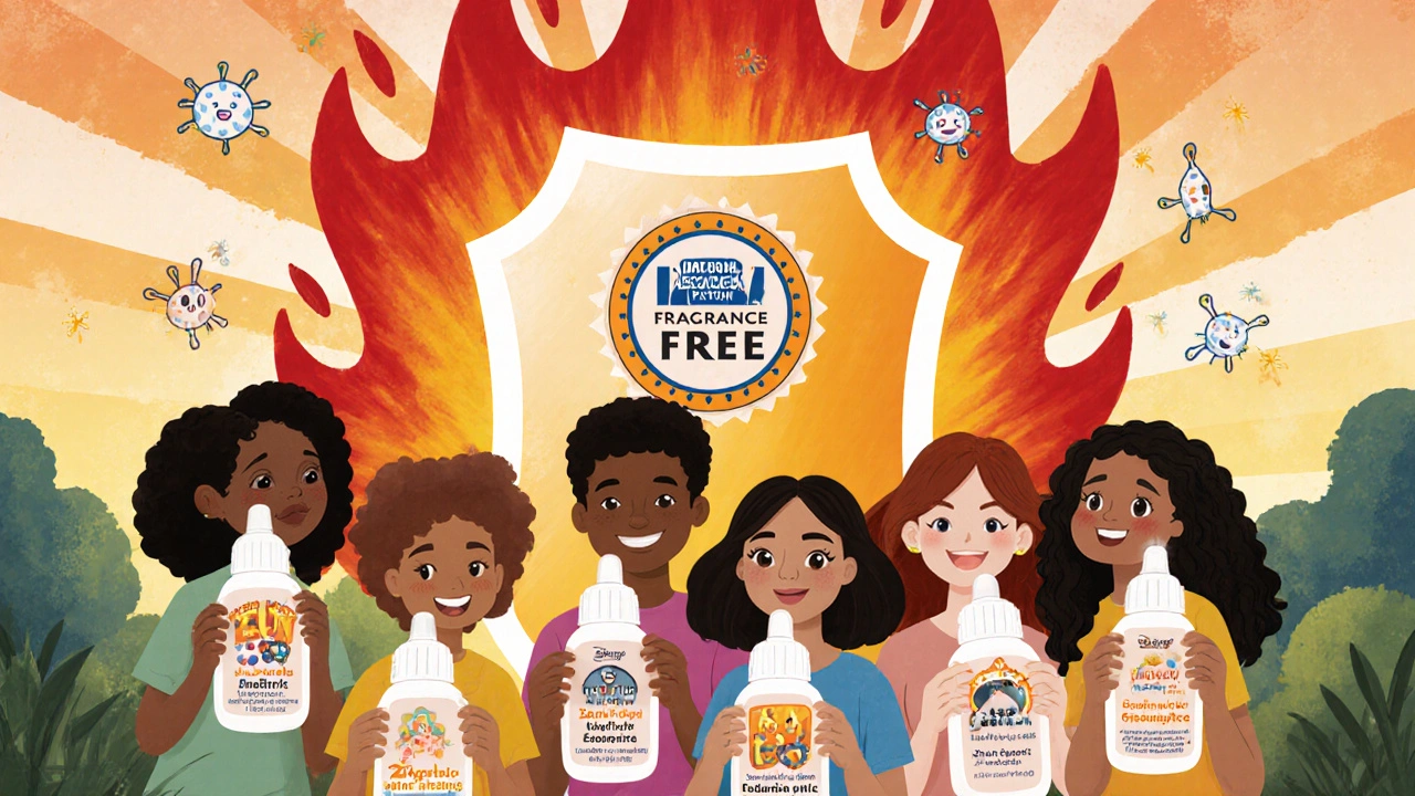 A diverse group holding fragrance-free skincare bottles, shielded by zinc oxide from UV rays, with happy skin molecules dancing around them.