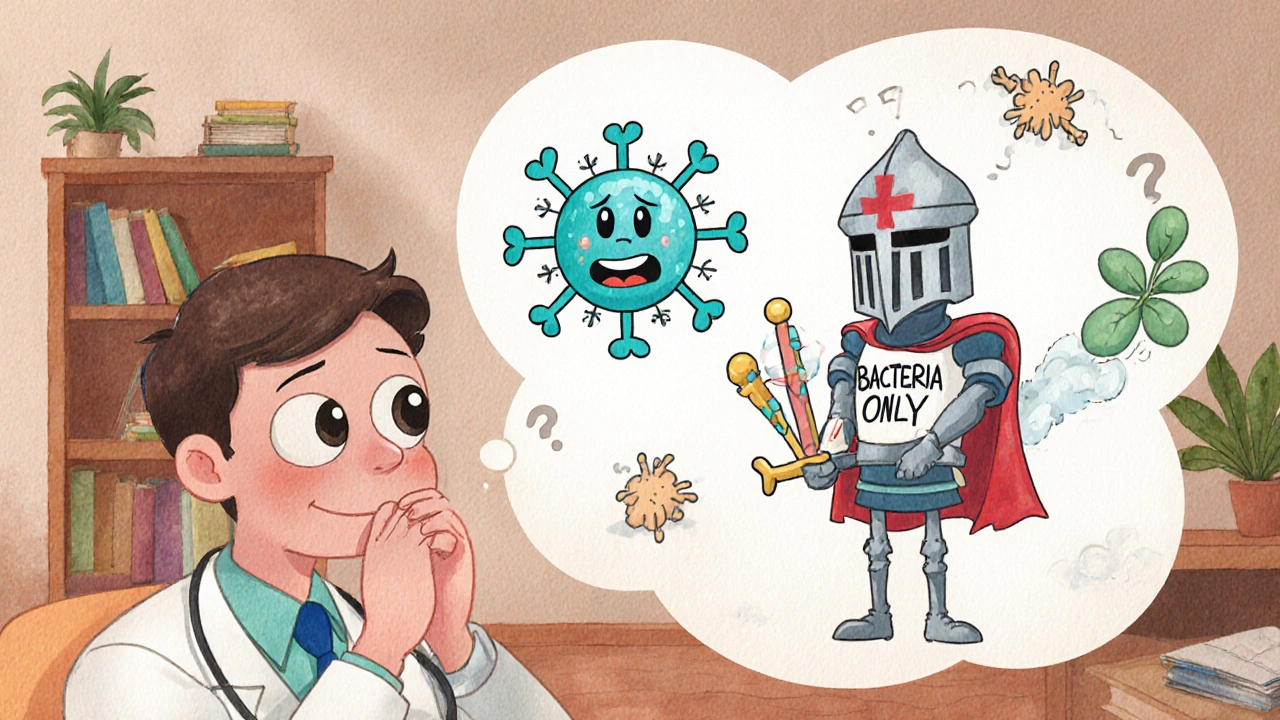 A doctor explains to a patient why antibiotics don&#039;t work for a virus, with cartoon virus and bacteria characters.