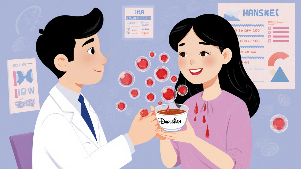 A doctor speaking to a woman drinking Danshen tea, with red blood cells swirling near her chest.